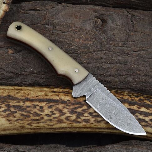 Knives Ranch Handmade Damascus Steel Full Tang 6-1/2" Overall Length Finger Groove Knife with Bone Handle Fine Quality Horizontal/Cowboy Leather Sheath Snug Fit (3055-B) in Saudi Arabia