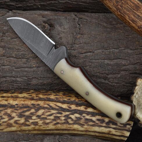 Knives Ranch Handmade Damascus Steel Full Tang 6-1/2" Overall Length Finger Groove Knife with Bone Handle Fine Quality Horizontal/Cowboy Leather Sheath Snug Fit (3055-B) in Saudi Arabia