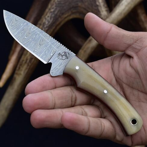 Knives Ranch Handmade Damascus Steel Full Tang 6-1/2" Overall Length Finger Groove Knife with Bone Handle Fine Quality Horizontal/Cowboy Leather Sheath Snug Fit (3055-B) in Saudi Arabia