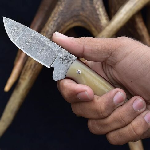 Knives Ranch Handmade Damascus Steel Full Tang 6-1/2" Overall Length Finger Groove Knife with Bone Handle Fine Quality Horizontal/Cowboy Leather Sheath Snug Fit (3055-B) in Saudi Arabia