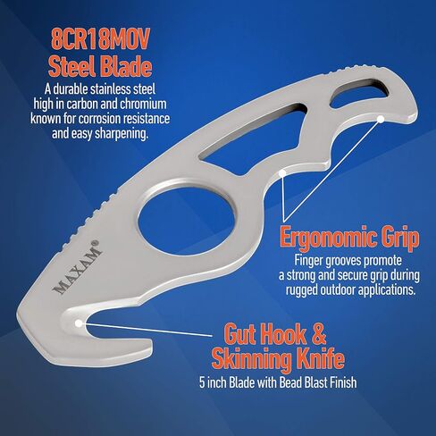 Maxam Gut Hook & Sheath - Hunting Knife for Gutting & Skinning Deer, Elk, Hogs, Cutting Fishing Lines, Lift Hot Grates - Stainless Steel Blade with Pouch - Outdoor Survival Gear for Hunters - 5-inch in Kuwait