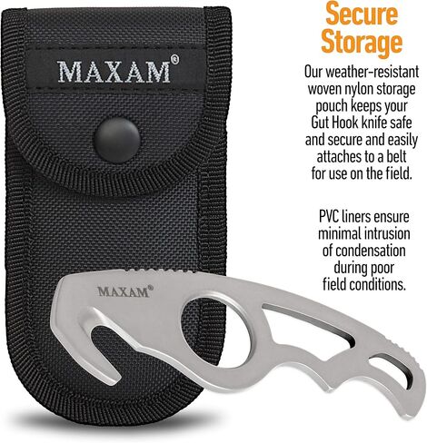 Maxam Gut Hook & Sheath - Hunting Knife for Gutting & Skinning Deer, Elk, Hogs, Cutting Fishing Lines, Lift Hot Grates - Stainless Steel Blade with Pouch - Outdoor Survival Gear for Hunters - 5-inch in Kuwait