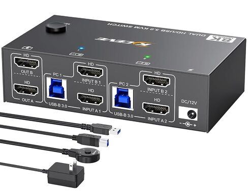 8K@60Hz KVM Switch 2 Monitors 2 Computers HDMI 4K@144Hz, USB 3.0 Dual Monitor KVM Switch for Running 2 Computers Across 2 Monitors, Sharing 4 USB 3.0 Devices, with Wired Remote & USB Cable in Saudi Arabia