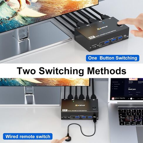 8K@60Hz KVM Switch 2 Monitors 2 Computers HDMI 4K@144Hz, USB 3.0 Dual Monitor KVM Switch for Running 2 Computers Across 2 Monitors, Sharing 4 USB 3.0 Devices, with Wired Remote & USB Cable in Saudi Arabia