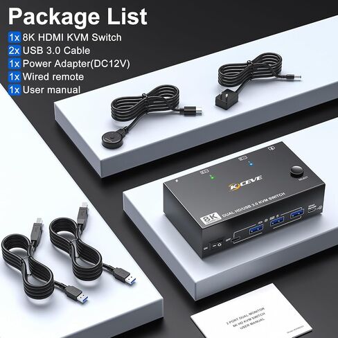 8K@60Hz KVM Switch 2 Monitors 2 Computers HDMI 4K@144Hz, USB 3.0 Dual Monitor KVM Switch for Running 2 Computers Across 2 Monitors, Sharing 4 USB 3.0 Devices, with Wired Remote & USB Cable in Saudi Arabia