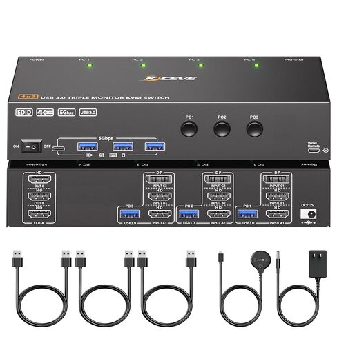 KVM Switch 3 Monitors 3 Computers 4K@60Hz EDID Simulation, USB 3.0 HDMI Displayport KVM Switch Triple Monitor for 3 PC Share 3 Monitors and Keyboard Mouse Printer, with Wired Remote and 3 USB Cables in Saudi Arabia