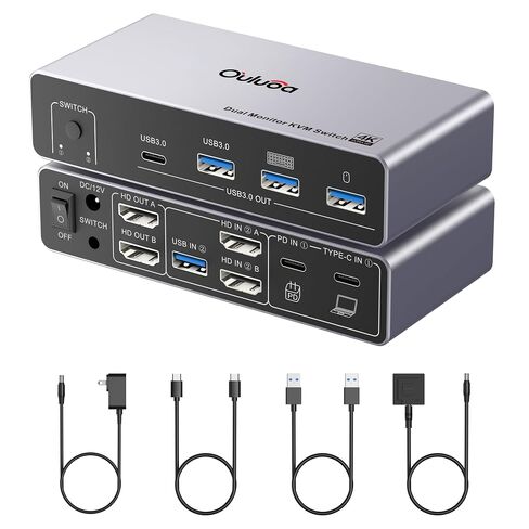 usbc kvm Switch 2 شاشات 1 سطح مكتب و1 كمبيوتر محمول 4K @ 60 هرتز، محطة إرساء تبديل KVM ذات شاشة مزدوجة، توسيع شاشتي HDMI، 3xUSB 3.0، 1xUSB c، PD 80W، جهاز تحكم عن بعد سلكي وكابل USB c متضمن in Kuwait
