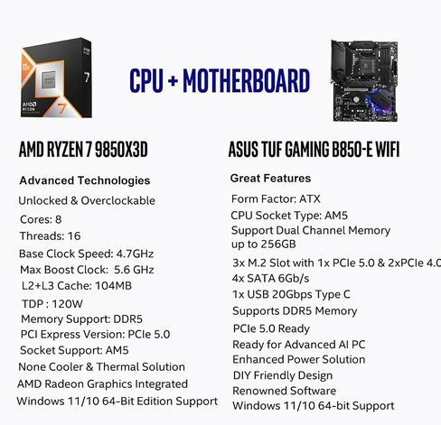 Micro Center 3-in-1 Combo: AMD Ryzen 7 9850X3D CPU Processor with ASUS TUF Gaming B850-E WiFi ATX Motherboard and KLEVV CRAS V RGB DDR5 32GB (2x16GB) 6000MHz Ram Memory Black in Saudi Arabia