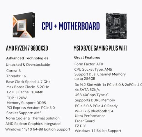 Micro Center CPU Motherboard Memory 3-in-1 Combo: AMD Ryzen 7 9800X3D CPU Processor with MSI X870E Gaming Plus WiFi Motherboard and KLEVV CRAS V RGB DDR5 32GB (2x16GB) 6000MHz CL30 Ram Memory Black in Saudi Arabia