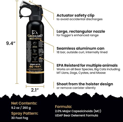 Griz Guard 260GG Bear, Mountain Lion, Coyote, Canine Dog, & Moose Deterrent 40 ft Fog Pepper Spray Self Defense Deterrent with Holster for Camping, Hiking, Fishing, Powerful Protection, 9.2 oz in Saudi Arabia