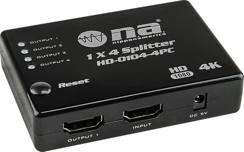 موزع فيديو HDMI 1 في 4 مخرج من Nippon America (HD-0104-4PC) مع كابل HDMI ومحول طاقة، 4K@30 هرتز، يدعم UltralHD 3D 1080P HDCP 1.4 للتلفزيون عالي الوضوح، STB، DVD، PS5/4/3، جهاز العرض، إلخ in Saudi Arabia