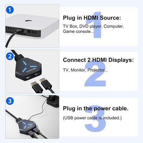 HDMI Splitter for Dual Monitors Duplicate/Mirror (Not Extend), 4K HDMI Splitter 1 in 2 Out for Full HD 4K@30hz, 1080P, 3D, Compatible with Xbox, PS4, PS5, TV, Projector, Computer in Saudi Arabia