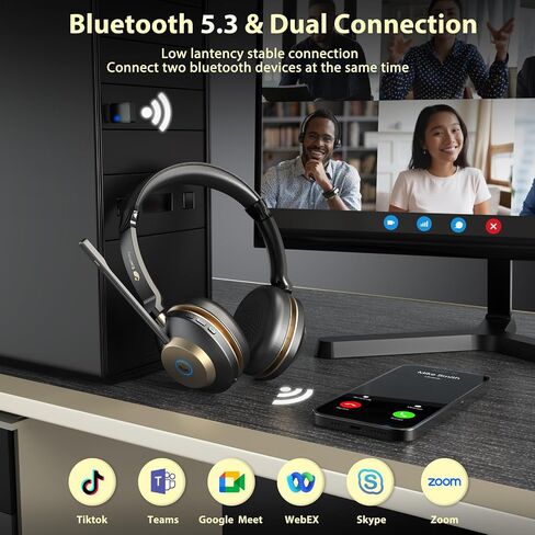 Earbay 5.3 Bluetooth Headset, Wireless Headset with Noise Canceling Mic & USB Dongle, 50Hrs Wireless Headphones with Mic Mute & Charge Dock, for Calls, Perfect for PC, Laptop, Phone, Teams and Zoom in Saudi Arabia