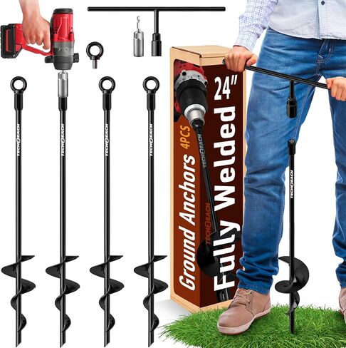 24 inch Ground Anchors Heavy Duty Screw in - Kit of 4 Fully Welded Earth Anchors - Long Spiral Tie Down Stakes for Swing Set Shed Trampoline Canopy Tree Tent - High Wind Anchor - Sand Auger Stake in Saudi Arabia