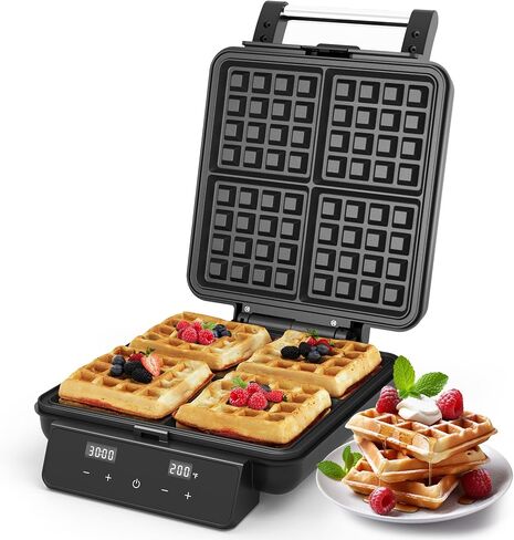 4-Slice Waffle Maker with Nonstick Surface, 1200W Waffle Iron, Time & Temperature Control, LCD Display, Perfect Waffle Maker for Kids and Families, Stainless Steel, Black in Saudi Arabia