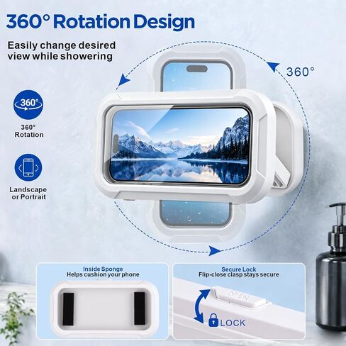 AgePlace Shower Phone Holder Waterproof, 480° Rotatable & Retractable Wall Mount Phone Holder for Shower, Anti-Fog Touchscreen Bathroom Phone Holder with Adhesive No-Drill Mount, Fits 4–6.7" Phones in Saudi Arabia