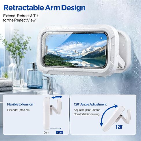 AgePlace Shower Phone Holder Waterproof, 480° Rotatable & Retractable Wall Mount Phone Holder for Shower, Anti-Fog Touchscreen Bathroom Phone Holder with Adhesive No-Drill Mount, Fits 4–6.7" Phones in Saudi Arabia