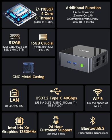 GMKtec Mini PC Intel Core i7-1185G7 (up to 4.8 GHz) 16GB DDR4 512GB SSD Desktop Mini Computers WiFi 6, BT 5.2/ DP, HDMI/RJ45 2.5G/USB4.0 in Kuwait