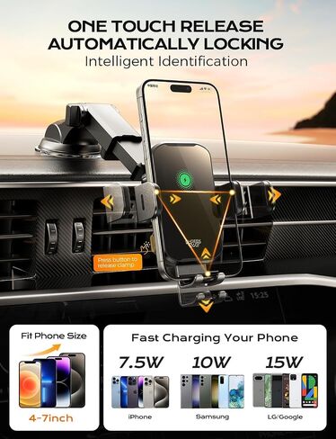 Wireless Car Charger Phone Holder Mount, 15W Fast Charging Auto Clamping Phone Holders for Your Car Dashboard Windshield Air Vent Car Accessories for iPhone, Samsung Galaxy, Google Pixel etc in Saudi Arabia