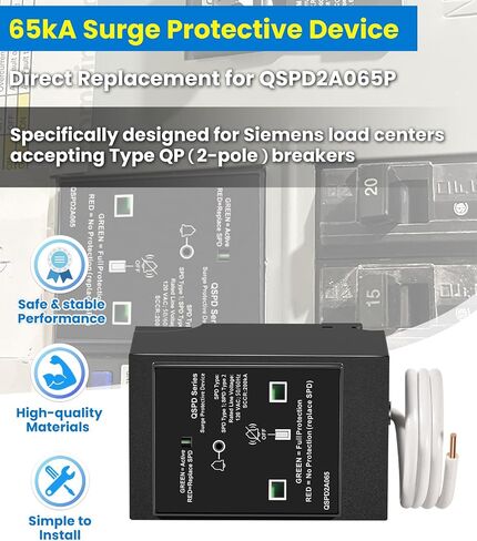 Replacement for Siemens QSPD2A065P Plug-in Surge Protection Device, 2-Pole 65kA 120/240V, 1Ø, 3W, Fits Siemens Type QP Load Centers, Whole House Power Spike Protection, LED Indicator & Audible Alarm in Saudi Arabia