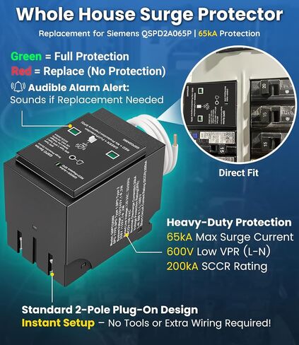 Replacement for Siemens QSPD2A065P Plug-in Surge Protection Device, 2-Pole 65kA 120/240V, 1Ø, 3W, Fits Siemens Type QP Load Centers, Whole House Power Spike Protection, LED Indicator & Audible Alarm in Saudi Arabia