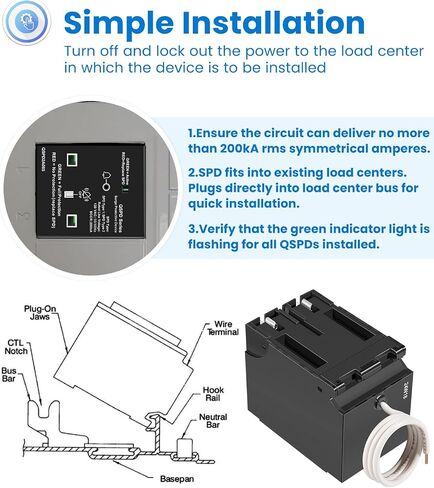 Replacement for Siemens QSPD2A065P Plug-in Surge Protection Device, 2-Pole 65kA 120/240V, 1Ø, 3W, Fits Siemens Type QP Load Centers, Whole House Power Spike Protection, LED Indicator & Audible Alarm in Saudi Arabia