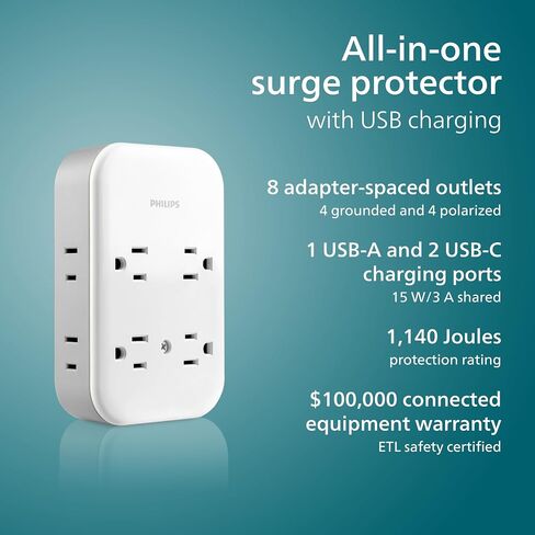 Philips All-in-One Surge Tap with USB, 4 Grounded & 4 Polarized Outlets in Saudi Arabia