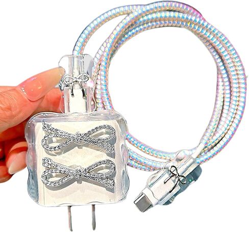 Compatible with iPhone 18W/20W Charger Cover,Bling Rhinestones & Bow Tie Design,DIY Charger Cord Protector,iPhone Cord Cover,Glitter Diamond Cable Saver for iPhone 13 14 15 16 Pro Max Charger Adapter in Saudi Arabia
