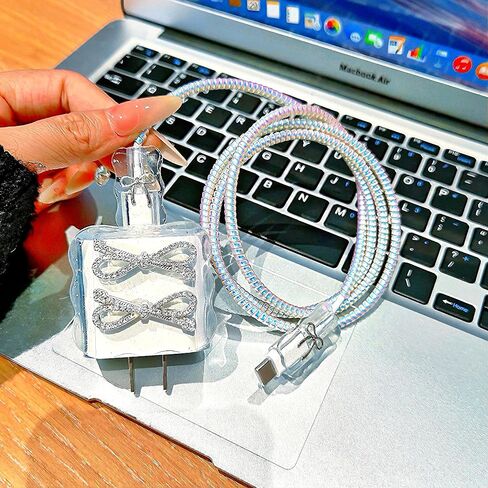 Compatible with iPhone 18W/20W Charger Cover,Bling Rhinestones & Bow Tie Design,DIY Charger Cord Protector,iPhone Cord Cover,Glitter Diamond Cable Saver for iPhone 13 14 15 16 Pro Max Charger Adapter in Saudi Arabia