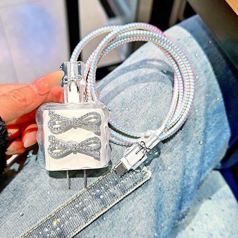 Compatible with iPhone 18W/20W Charger Cover,Bling Rhinestones & Bow Tie Design,DIY Charger Cord Protector,iPhone Cord Cover,Glitter Diamond Cable Saver for iPhone 13 14 15 16 Pro Max Charger Adapter in Saudi Arabia