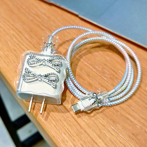 Compatible with iPhone 18W/20W Charger Cover,Bling Rhinestones & Bow Tie Design,DIY Charger Cord Protector,iPhone Cord Cover,Glitter Diamond Cable Saver for iPhone 13 14 15 16 Pro Max Charger Adapter in Saudi Arabia