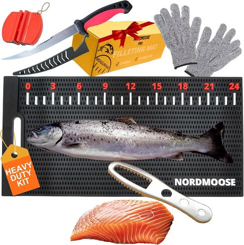 Fish Fillet Mat Kit with Fish Ruler Decal and Fillet Knife, Cutting Gloves. Large 28"x14" Nonslip Fish Cleaning Mat that Grips the Fish - Durable & Easy to Clean, Portable Fish Cutting Board in Saudi Arabia