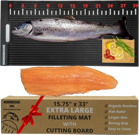 Fish Fillet Mat Kit with Fish Ruler Decal and Fillet Knife, Cutting Gloves. Large 28"x14" Nonslip Fish Cleaning Mat that Grips the Fish - Durable & Easy to Clean, Portable Fish Cutting Board in Kuwait