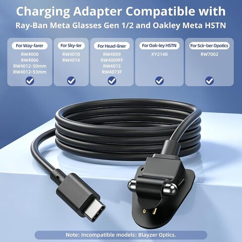 USB C Charging Cable for Ray-Ban Meta Smart Glasses Gen 2 Wayfarer/Skyler/Headliner/Scirber Opotics/Oakley Meta HSTN, Portable Charging Adapter for RayBan Meta AI Glasses, Safe Charging Protection, 1M in Kuwait