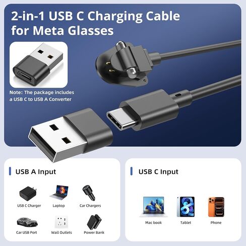 USB C Charging Cable for Ray-Ban Meta Smart Glasses Gen 2 Wayfarer/Skyler/Headliner/Scirber Opotics/Oakley Meta HSTN, Portable Charging Adapter for RayBan Meta AI Glasses, Safe Charging Protection, 1M in Kuwait