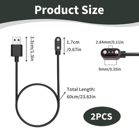2 Pack Smart Watch Charger, 2 Pin 2.84mm Smartwatch Charging Cable Compatible with VeryFit ID208BT GTX20 IDW13 IDW15/16/17/19/20/25/26/28, Magnetic USB Charging Cable Replacement for Fitness Tracker in Saudi Arabia