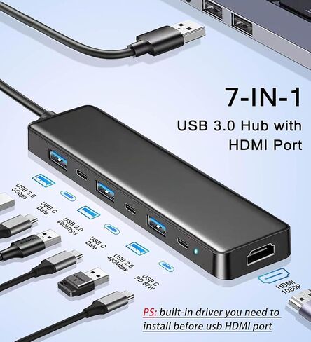 VIENON USB 3.0 to HDMI Adapter (7-in-1), USB 3.0 Hub with HDMI 1080P, USB Extender Docking Station for Monitor, PC, Laptop, Desktop Support Windows 7/8/10 & Mac OS in Saudi Arabia