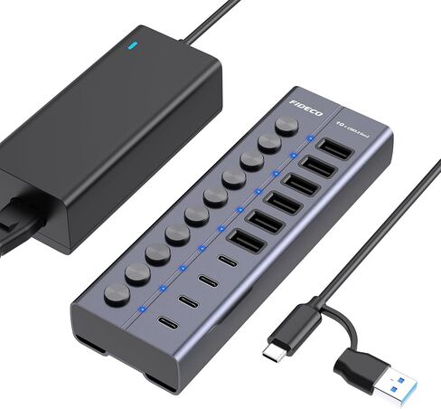 FIDECO 60W Powered USB Hub for Laptop and PC, 10-Port 10Gbps USB Splitter with 12V 5A Power Adapter, Aluminum USB 3.2 Gen 2 Multiport Adapter, 6 USB-A and 4 USB-C Ports, Support BC1.2 Charging in Saudi Arabia