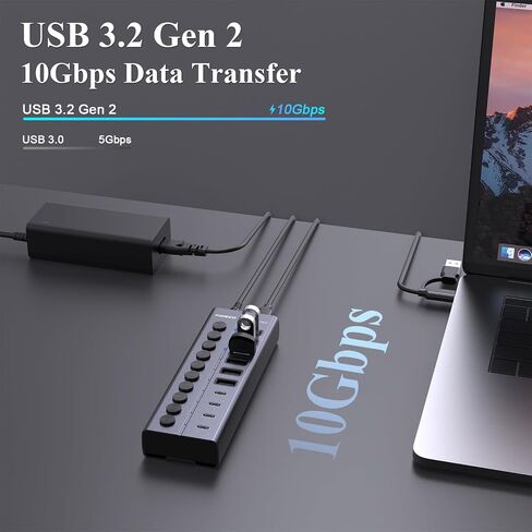 FIDECO 60W Powered USB Hub for Laptop and PC, 10-Port 10Gbps USB Splitter with 12V 5A Power Adapter, Aluminum USB 3.2 Gen 2 Multiport Adapter, 6 USB-A and 4 USB-C Ports, Support BC1.2 Charging in Saudi Arabia