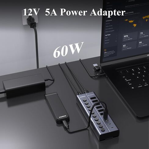 FIDECO 60W Powered USB Hub for Laptop and PC, 10-Port 10Gbps USB Splitter with 12V 5A Power Adapter, Aluminum USB 3.2 Gen 2 Multiport Adapter, 6 USB-A and 4 USB-C Ports, Support BC1.2 Charging in Saudi Arabia