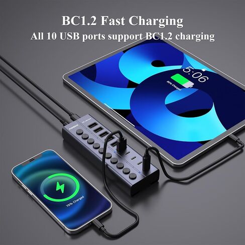 FIDECO 60W Powered USB Hub for Laptop and PC, 10-Port 10Gbps USB Splitter with 12V 5A Power Adapter, Aluminum USB 3.2 Gen 2 Multiport Adapter, 6 USB-A and 4 USB-C Ports, Support BC1.2 Charging in Saudi Arabia