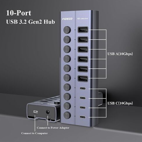 FIDECO 60W Powered USB Hub for Laptop and PC, 10-Port 10Gbps USB Splitter with 12V 5A Power Adapter, Aluminum USB 3.2 Gen 2 Multiport Adapter, 6 USB-A and 4 USB-C Ports, Support BC1.2 Charging in Saudi Arabia