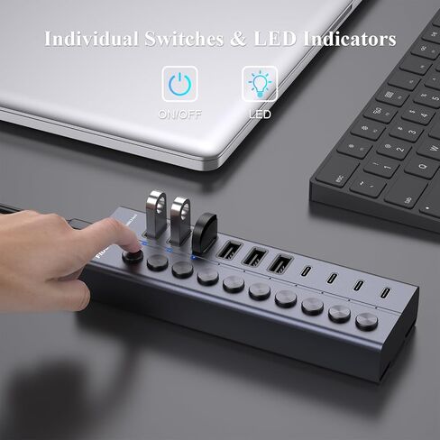 FIDECO 60W Powered USB Hub for Laptop and PC, 10-Port 10Gbps USB Splitter with 12V 5A Power Adapter, Aluminum USB 3.2 Gen 2 Multiport Adapter, 6 USB-A and 4 USB-C Ports, Support BC1.2 Charging in Saudi Arabia