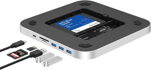 Qwiizlab Mac mini Hub with Dual Drive Enclosure, Docking Station for Mac mini M2/M1, Mac Studio M3/M2/M1, Type-C 10Gbps, Card Readers 104MB/s, Fits M.2 SATA NVMe SSD, 2.5'' HDD SSD (Silver) in Saudi Arabia