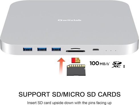 Qwiizlab Mac mini Hub with Dual Drive Enclosure, Docking Station for Mac mini M2/M1, Mac Studio M3/M2/M1, Type-C 10Gbps, Card Readers 104MB/s, Fits M.2 SATA NVMe SSD, 2.5'' HDD SSD (Silver) in Saudi Arabia