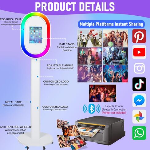 Photo Booth for iPad 10.2'' 10.5'' 10.9" 11" 12.9" 13" Shell Stand Selfie Station Customized Logo Photobooth Machine with Beauty RGB Ring Light and Honeycomb Box for Events Wedding Parties in Saudi Arabia