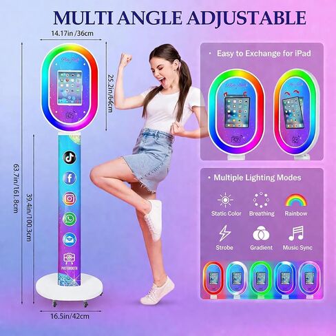 Photo Booth for iPad 10.2'' 10.5'' 10.9" 11" 12.9" 13" Shell Stand Selfie Station Customized Logo Photobooth Machine with Beauty RGB Ring Light and Honeycomb Box for Events Wedding Parties in Saudi Arabia