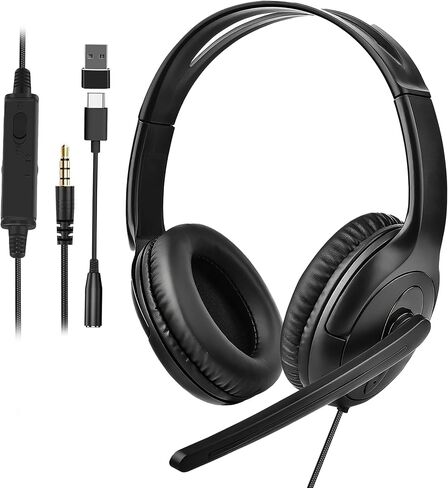 Wired One Ear Headset with Mic, 3.5mm/Type-C/USB Gaming Headset for PS5/PS4/Xbox/Switch/PC/iPhone/iPad/Mac/Tablet/Android, Single Ear Game Chat Headphone for Office Business Work Teams Call Center in Saudi Arabia