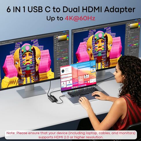 6-in-1 USB C Hub, Type C to Dual HDMI Adapter 4K@60Hz in Saudi Arabia