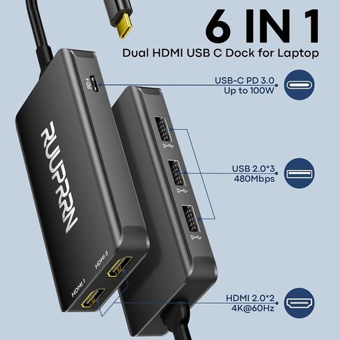 6-in-1 USB C Hub, Type C to Dual HDMI Adapter 4K@60Hz in Saudi Arabia